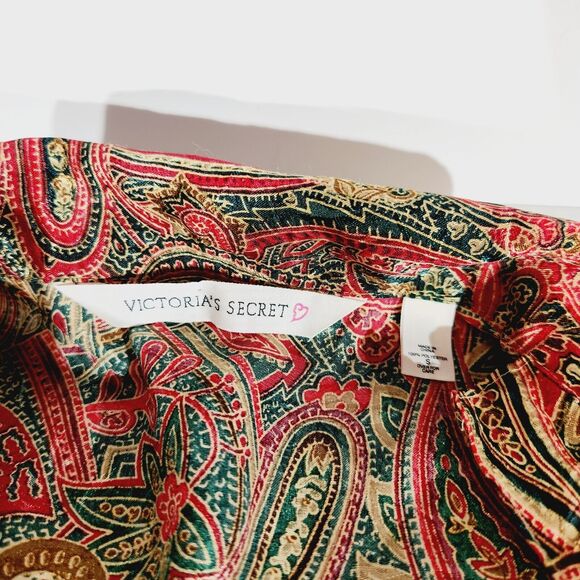 Victorias Secret Night Shirt Womens Sz S Button Up Satin Paisley Red Green Vtg - Picture 3 of 11